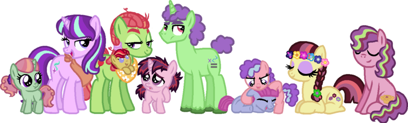 Size: 1479x448 | Tagged: safe, artist:starryoak, derpibooru import, starlight glimmer, tree hugger, oc, oc:colors-of-the-wind, oc:floral fractal, oc:flower child, oc:meadow frolick, oc:moonlit forest, oc:starry jam tart, oc:strawberry smiles, oc:twink, earth pony, pony, unicorn, alternate hairstyle, baby, bandana, bedroom eyes, braid, crack shipping, eyes closed, family, female, flower, flower in hair, lesbian, magical lesbian spawn, messy mane, offspring, older, parent:starlight glimmer, parent:tree hugger, shipping, simple background, starhugger, story included, transparent background, twins