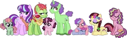 Size: 1479x448 | Tagged: safe, artist:starryoak, derpibooru import, starlight glimmer, tree hugger, oc, oc:colors-of-the-wind, oc:floral fractal, oc:flower child, oc:meadow frolick, oc:moonlit forest, oc:starry jam tart, oc:strawberry smiles, oc:twink, earth pony, pony, unicorn, alternate hairstyle, baby, bandana, bedroom eyes, braid, crack shipping, eyes closed, family, female, flower, flower in hair, lesbian, magical lesbian spawn, messy mane, offspring, older, parent:starlight glimmer, parent:tree hugger, shipping, simple background, starhugger, story included, transparent background, twins