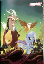 Size: 1114x1600 | Tagged: safe, artist:tonyfleecs, derpibooru import, idw, discord, gilda, trixie, changeling, gryphon, pony, unicorn, spoiler:comic, spoiler:comic37, cover, female, mare