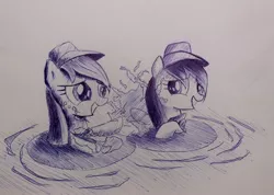 Size: 950x675 | Tagged: applejack, artist:inkygarden, ballpoint pen, camp friendship, coloratura, derpibooru import, filly, monochrome, rara, safe, scene interpretation, sketch, splashing, the mane attraction, traditional art, water, younger