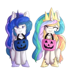 Size: 888x899 | Tagged: artist:oddends, bag, beauty mark, clothes, costume, crossdressing, derpibooru import, fake horn, female, horseshoes, male, miserable, mouth hold, nightmare night, oc, oc:crystal wishes, oc:silent knight, oc x oc, offspring, offspring shipping, parent:jet set, parents:upperset, parent:upper crust, princess celestia, princess luna, pumpkin bucket, safe, shipping, silentwishes, silly, simple background, smiling, straight, transparent background, unofficial characters only, wig