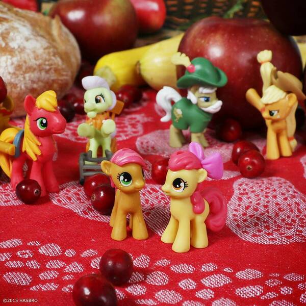 Size: 1080x1080 | Tagged: safe, derpibooru import, official, apple bloom, apple strudel, applejack, babs seed, big macintosh, granny smith, earth pony, pony, apple family member, blind bag, instagram, irl, male, photo, stallion, toy