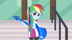 Size: 1920x1080 | Tagged: suggestive, derpibooru import, edit, edited screencap, screencap, rainbow dash, equestria girls, friendship games, breasts, clothes, female, guitar, looking back, nude edit, nudity, partial nudity, partial nudity edit, rear view, sheepish grin, shorts, sideboob, skirt, solo, solo female, topless