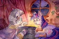 Size: 2250x1500 | Tagged: artist:teahee, cauldron, cloak, clothes, derpibooru import, duo, female, glow, interior, magic, potion, safe, traditional art, twilight sparkle, watercolor painting, zebra, zecora, zecora's hut