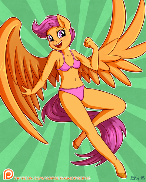 Size: 914x1137 | Tagged: anthro, artist:sorcerushorserus, belly button, bra, clothes, derpibooru import, edit, /mlp/, older, open mouth, panties, patreon, patreon logo, pink underwear, ribbon, safe, scootaloo, smiling, solo, sunburst background, underwear, underwear edit, unguligrade anthro