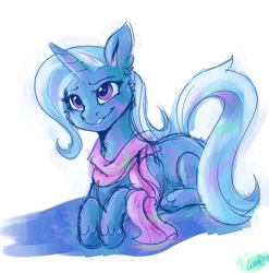 Size: 1926x1950 | Tagged: safe, artist:lunarmarshmallow, derpibooru import, trixie, pony, unicorn, cheek fluff, clothes, cute, diatrixes, ear fluff, female, mare, prone, scarf, simple background, smiling, solo, unshorn fetlocks, white background