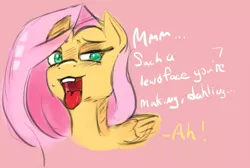 Size: 836x561 | Tagged: suggestive, artist:post-it, derpibooru import, fluttershy, rarity, ahegao, bedroom eyes, blushing, colored sketch, dialogue, drool, female, lewd, offscreen character, open mouth, sketch, smiling, solo, solo female, sweatdrop, tongue out