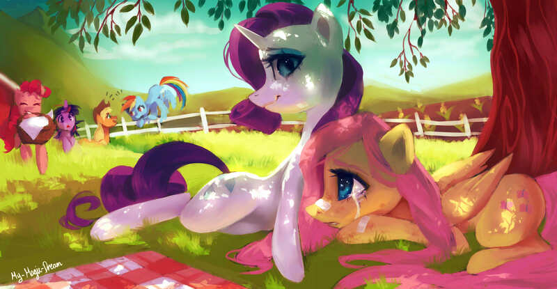 Size: 2700x1400 | Tagged: applejack, artist:my-magic-dream, bandaid, comforting, crying, derpibooru import, fluttershy, injured, mane six, picnic, picnic basket, picnic blanket, pinkie pie, rainbow dash, rarity, safe, shade, twilight sparkle