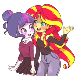 Size: 1024x1009 | Tagged: safe, artist:chibicmps, derpibooru import, sci-twi, sunset shimmer, twilight sparkle, equestria girls, friendship games, blushing, clothes, cute, female, holding hands, jeans, lesbian, off shoulder, pants, scitwishimmer, shipping, sunsetsparkle