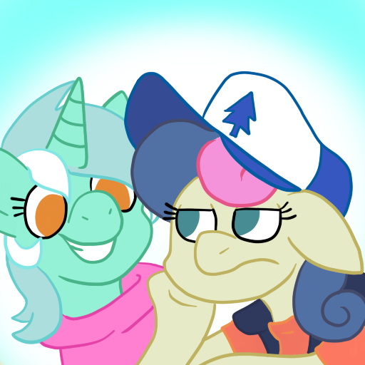 Size: 512x512 | Tagged: artist:jellipanda, bon bon, bon bon is not amused, clothes, costume, crossover, derpibooru import, dipper pines, gravity falls, hat, lyra heartstrings, mabel pines, safe, sweetie drops