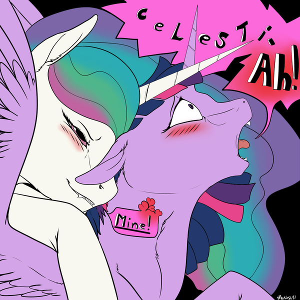 Size: 1200x1200 | Tagged: questionable, artist:backlash91, derpibooru import, princess celestia, twilight sparkle, twilight sparkle (alicorn), alicorn, pony, bedroom eyes, blushing, clopfic in description, clopfic in source, dialogue, fangs, female, floppy ears, horns are touching, imminent sex, lesbian, mare, mine!, molestation, sharp horn, sharp teeth, shipping, speech bubble, twilestia, wide eyes