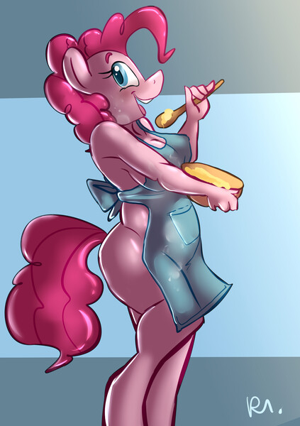 Size: 2000x2838 | Tagged: questionable, artist:bluecoffeedog, derpibooru import, pinkie pie, anthro, earth pony, unguligrade anthro, apron, ass, batter, breasts, cake batter, chubby, clothes, curvy, erect nipples, female, food, looking at you, missing cutie mark, naked apron, nipple outline, nipples, nudity, plump, solo, solo female, updated