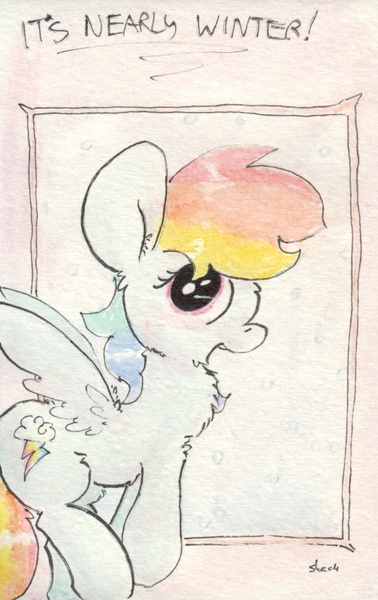 Size: 681x1082 | Tagged: safe, artist:slightlyshade, derpibooru import, rainbow dash, backwards cutie mark, solo, traditional art