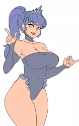 Size: 1252x2000 | Tagged: armpits, artist:maniacpaint, artist:oddmachine, breasts, cleavage, clothes, collaboration, derpibooru import, evening gloves, female, gloves, human, humanized, leotard, looking at you, open mouth, ponytail, princess luna, simple background, solo, solo female, suggestive, white background