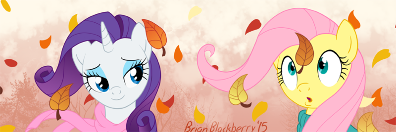 Size: 888x296 | Tagged: artist:brianblackberry, autumn, banner, clothes, cute, derpibooru import, fluttershy, implied flarity, leaves, :o, rarity, safe, scarf, windswept mane