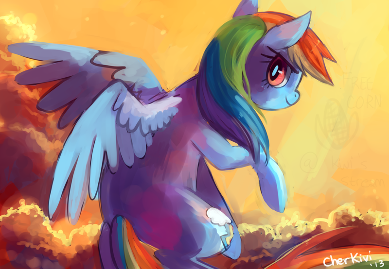 Size: 1280x886 | Tagged: safe, artist:cherivinca, derpibooru import, rainbow dash, cloud, solo, sunset