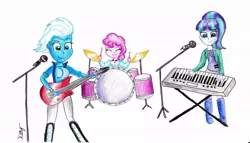 Size: 1024x587 | Tagged: safe, artist:kittydazzling, derpibooru import, night glider, starlight glimmer, sugar belle, equestria girls, rainbow rocks, band, clothes, drums, equestria girls-ified, guitar, jacket, keyboard