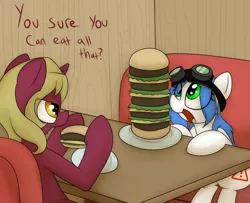 Size: 1600x1300 | Tagged: safe, artist:datte-before-dawn, derpibooru import, oc, oc:flask, oc:mal, unofficial characters only, burger, food, goggles, hamburger, ponies eating meat, this will end in weight gain