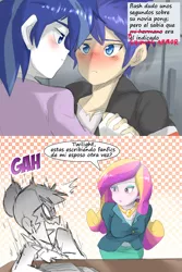 Size: 1024x1536 | Tagged: safe, artist:thegreatrouge, derpibooru import, edit, flash sentry, princess cadance, sci-twi, shining armor, twilight sparkle, fanfic, equestria girls, friendship games, alumnus shining armor, blushing, breasts, busty princess cadance, caught, comic, dean cadance, dialogue, embarrassed, female, fujoshi, gay, holding hands, male, open mouth, screaming, shiningsentry, shipper on deck, shipping, spanish, speech bubble, talking, tongue out, translation, yaoi fangirl