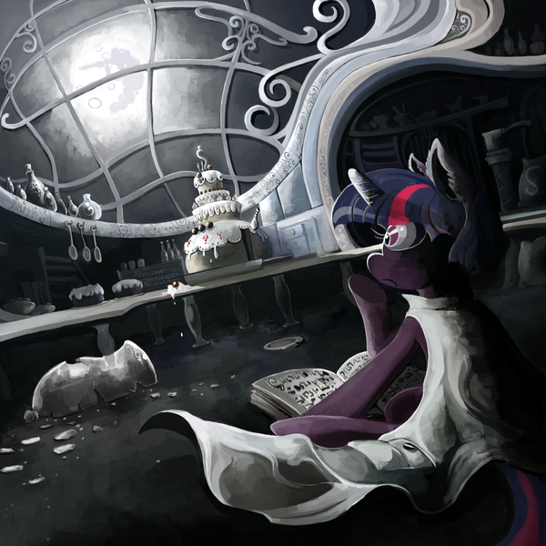 Size: 1024x1024 | Tagged: artist:simbaro, book, cake, clothes, derpibooru import, fanfic art, food, kitchen, mare in the moon, moon, safe, sitting, solo, trenchcoat, twilight sparkle, younger