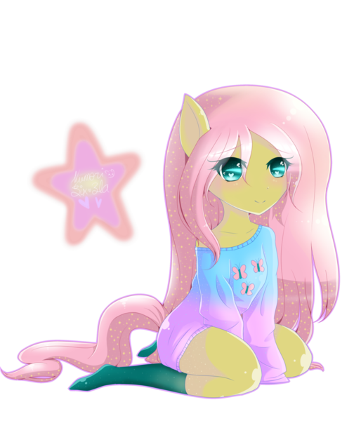 Size: 1024x1195 | Tagged: anthro, artist:kumorisix-ela, blue sweater, clothes, cute, cutie mark on clothes, cyan eyes, derpibooru import, fluttershy, gradient clothes, gradient sweater, green socks, kneeling, looking at you, off shoulder, off shoulder sweater, pink hair, pink mane, pink sweater, pink tail, safe, simple background, sitting, smiling, socks, solo, sweater, sweatershy, transparent background