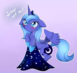 Size: 1024x973 | Tagged: safe, artist:scarlet-spectrum, derpibooru import, princess luna, pony, :t, bipedal, blanket, blushing, bronybait, crying, cute, filly, floppy ears, frown, hoof hold, looking up, lunabetes, pouting, s1 luna, solo, spread wings, tsundere, watermark, woona