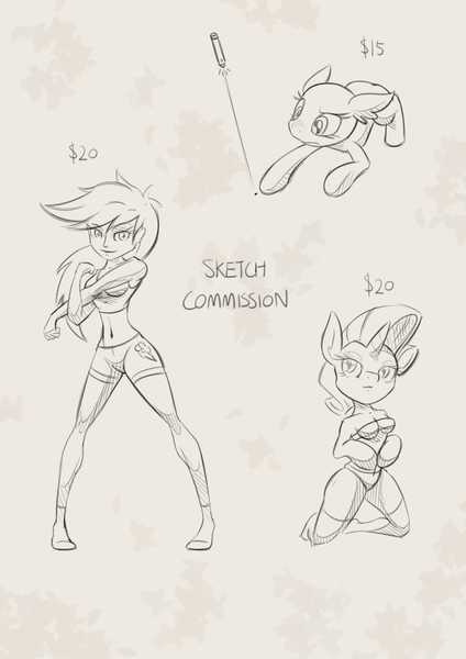 Size: 1280x1810 | Tagged: advertisement, anthro, artist:lovelyneckbeard, behaving like a cat, clothes, compression shorts, derpibooru import, human, humanized, laser pointer, monochrome, rainbow dash, rarity, safe, sketch, swimsuit