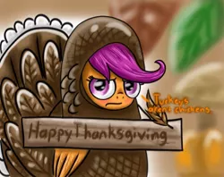 Size: 807x640 | Tagged: safe, artist:shadow strike, derpibooru import, scootaloo, pegasus, pony, turkey, animal costume, blushing, clothes, costume, cute, embarrassed, feather, female, filly, frown, grumpy, looking at you, scootachicken, scootaloo is not amused, scootaturkey, solo, thanksgiving, turkey costume, unamused