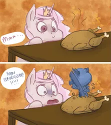 Size: 465x523 | Tagged: safe, artist:ruthietammy, derpibooru import, princess celestia, princess luna, alicorn, pony, turkey, cewestia, comic, cooked, dead, filly, food, meat, pink-mane celestia, ponies eating meat, surprised, thanksgiving, traditional art, woona