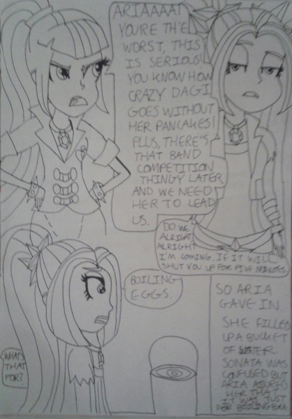 Size: 1498x2148 | Tagged: adagio dazzle, aria blaze, artist:blazingdazzlingdusk, comic, derpibooru import, drawing, monochrome, rise and shine dagi, safe, sonata dusk, the dazzlings, traditional art