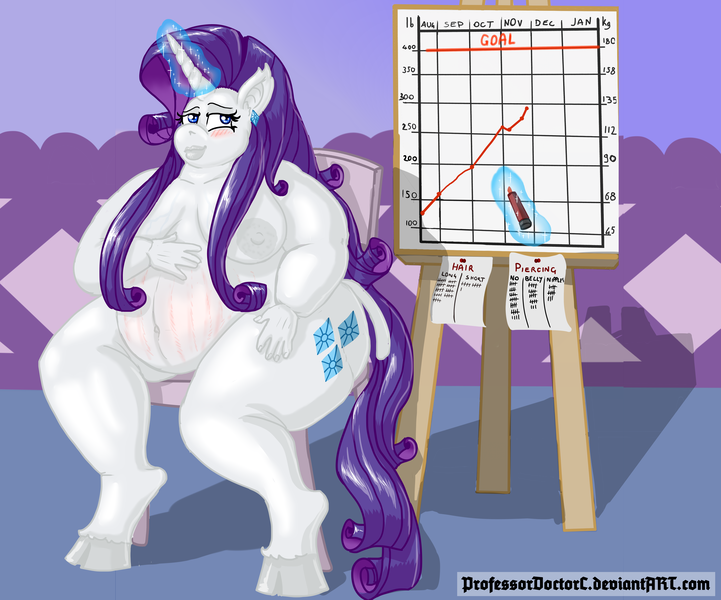 Size: 4592x3822 | Tagged: anthro, artist:professordoctorc, bbw, belly, belly button, blushing, breasts, busty rarity, chart, classical unicorn, derpibooru import, earring, fat, female, leonine tail, long hair, marker, nipples, nudity, obese, piercing, questionable, rarity, solo, solo female, stretchmarks, stuffed, unguligrade anthro, veiny breasts, weight gain