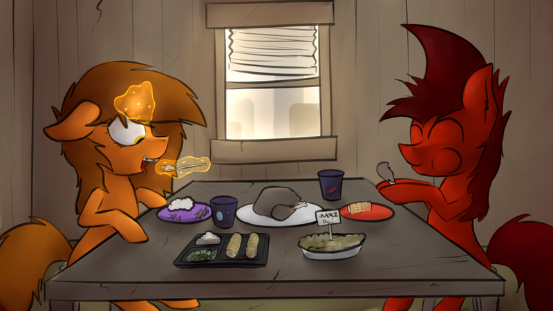 Size: 1024x576 | Tagged: safe, artist:marsminer, derpibooru import, oc, oc:mars miner, oc:venus spring, unofficial characters only, cooked, dead, dinner, eating, marspring, ponies eating meat, smiling, thanksgiving