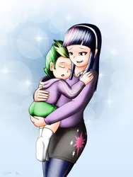 Size: 1500x2000 | Tagged: safe, artist:evil-rick, derpibooru import, spike, twilight sparkle, human, butt touch, carrying, cute, female, hand on butt, holding, humanized, male, mama twilight, mother and child, sleeping, spikabetes, spikelove, twiabetes