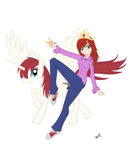 Size: 2200x2328 | Tagged: safe, artist:awesomeasiwannabe, artist:rio-mccarthy, derpibooru import, oc, oc:fausticorn, ponified, alicorn, human, pony, alicorn oc, clothes, converse, crown, hail to the queen baby, human ponidox, lauren faust, pencil, shoes, smiling