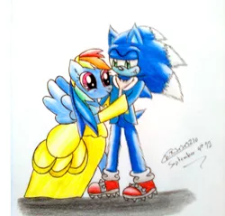 Size: 1260x1203 | Tagged: artist:chikisxsxs210, beauty and the beast, belle, clothes, cosplay, costume, crossover, crossover shipping, derpibooru import, female, interspecies, male, rainbow dash, safe, shipping, sonicdash, sonic the hedgehog, sonic the hedgehog (series), sonic the werehog, straight, traditional art, vest, werehog