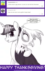 Size: 740x1169 | Tagged: suggestive, artist:deusexequus, derpibooru import, gilda, twilight sparkle, twilight sparkle (alicorn), alicorn, gryphon, pony, ask the princess of friendship with benefits, ask, female, grin, implied insertion, implied vaginal insertion, innuendo, lesbian, mare, monochrome, neck hug, pun, shipping, thanksgiving, tumblr, twilda, wide eyes