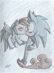 Size: 1024x1378 | Tagged: artist:aislynndavis, blushing, crossover, crossover shipping, derpibooru import, female, interspecies, kissing, male, rainbow dash, safe, shipping, sonicdash, sonic the hedgehog, sonic the hedgehog (series), straight, traditional art