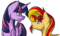 Size: 900x545 | Tagged: safe, artist:lyx-d, derpibooru import, sunset shimmer, twilight sparkle, twilight sparkle (alicorn), alicorn, pony, female, frown, mare, simple background, smirk, transparent background