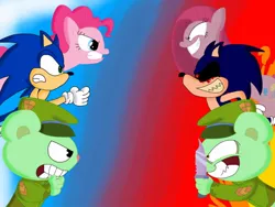 Size: 1024x768 | Tagged: artist:larry-the-beaver, creepypasta, crossover, derpibooru import, edgy, fight, flippy, happy tree friends, knife, pinkamena diane pie, pinkie pie, semi-grimdark, sonic.exe, sonic the hedgehog, sonic the hedgehog (series)