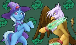 Size: 3495x2076 | Tagged: safe, artist:nauth, derpibooru import, gilda, trixie, gryphon, pony, unicorn, cape, clothes, commission, dual wield, duo, female, hat, mare, weapon, wizard hat