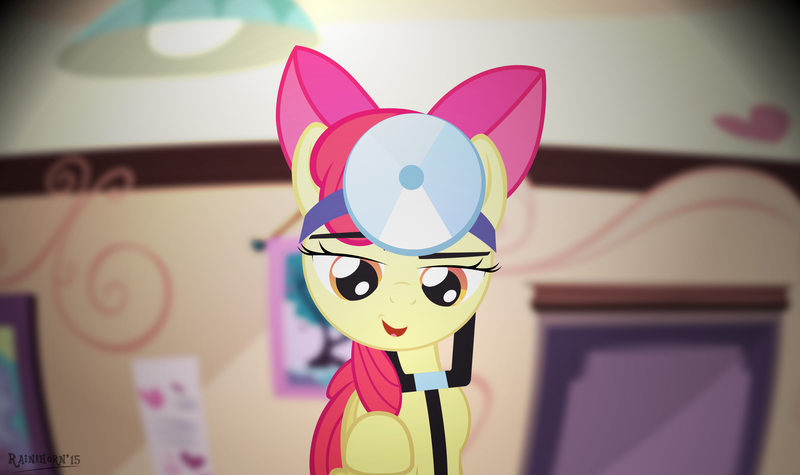 Size: 3346x1986 | Tagged: apple bloom, artist:rainihorn, bedroom eyes, derpibooru import, offscreen character, playing doctor, pov, safe, solo, stethoscope