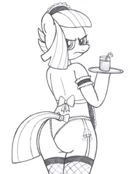 Size: 2100x2700 | Tagged: anthro, artist:an-tonio, ass, clothes, derpibooru import, drink, female, frilly underwear, grayscale, limestonebutt, limestone pie, maid, monochrome, solo, solo female, suggestive, tail wrap, traditional art, underwear