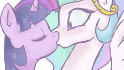 Size: 1920x1080 | Tagged: safe, artist:kinkypinkie, derpibooru import, princess celestia, twilight sparkle, pony, unicorn, blushing, cropped, eyes closed, female, kissing, lesbian, mare, shipping, twilestia, wallpaper