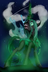 Size: 1181x1748 | Tagged: artist:shafeles, changeling, changeling queen, dead source, derpibooru import, drool, female, magic, queen chrysalis, safe, sharp teeth, solo, teeth