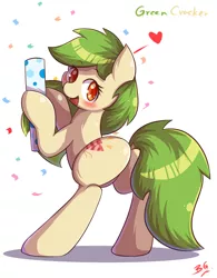 Size: 1024x1311 | Tagged: safe, artist:tikrs007, derpibooru import, oc, oc:green cracker, unofficial characters only, earth pony, pony, butt, female, heart, mare, plot, solo