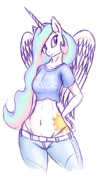 Size: 568x1001 | Tagged: alicorn, anthro, artist:weasselk, belly button, clothes, derpibooru import, doodle, female, jeans, midriff, pants, princess celestia, safe, solo, wide hips