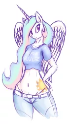 Size: 568x1001 | Tagged: alicorn, anthro, artist:weasselk, belly button, clothes, derpibooru import, doodle, female, jeans, midriff, pants, princess celestia, safe, solo, wide hips