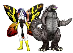 Size: 1200x873 | Tagged: suggestive, artist:pia-sama, derpibooru import, rarity, spike, anthro, kaiju, plantigrade anthro, breasts, busty rarity, clothes, costume, crossover, female, godzilla, godzilla (series), godzilla 2014, hilarious in hindsight, leotard, male, mothra, older, older spike, shipping, simple background, sparity, spikezilla, straight, white background