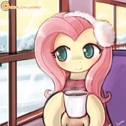 Size: 750x750 | Tagged: safe, artist:lumineko, derpibooru import, fluttershy, pony, clothes, coffee, coffee mug, cold, cup, cute, earmuffs, female, hot drink in cold weather, lumineko is trying to murder us, mare, patreon, patreon logo, scarf, shyabetes, smiling, snow, solo, window