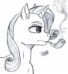 Size: 1207x1326 | Tagged: artist:hypno, black and white, derpibooru import, grayscale, monochrome, pencil drawing, pipe, rarity, safe, smoking, solo, traditional art